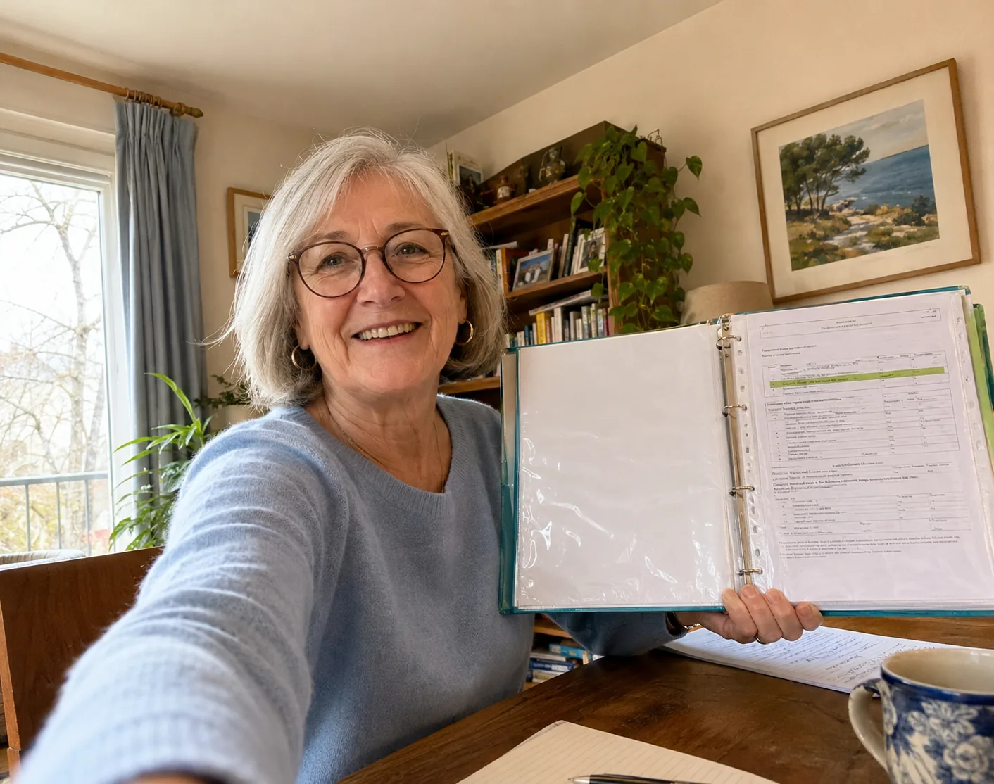 Geneviève P. à sa table avec dossier familial ouvert