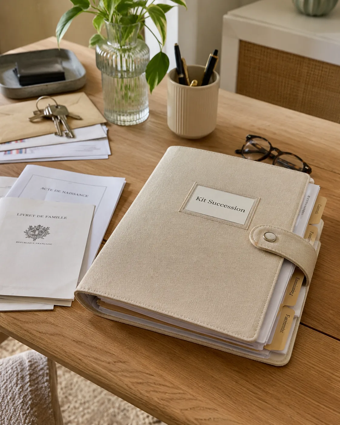 Kit Succession refermé sur un bureau familial, posé près des papiers importants (acte de naissance, livret de famille, clés et lunettes)