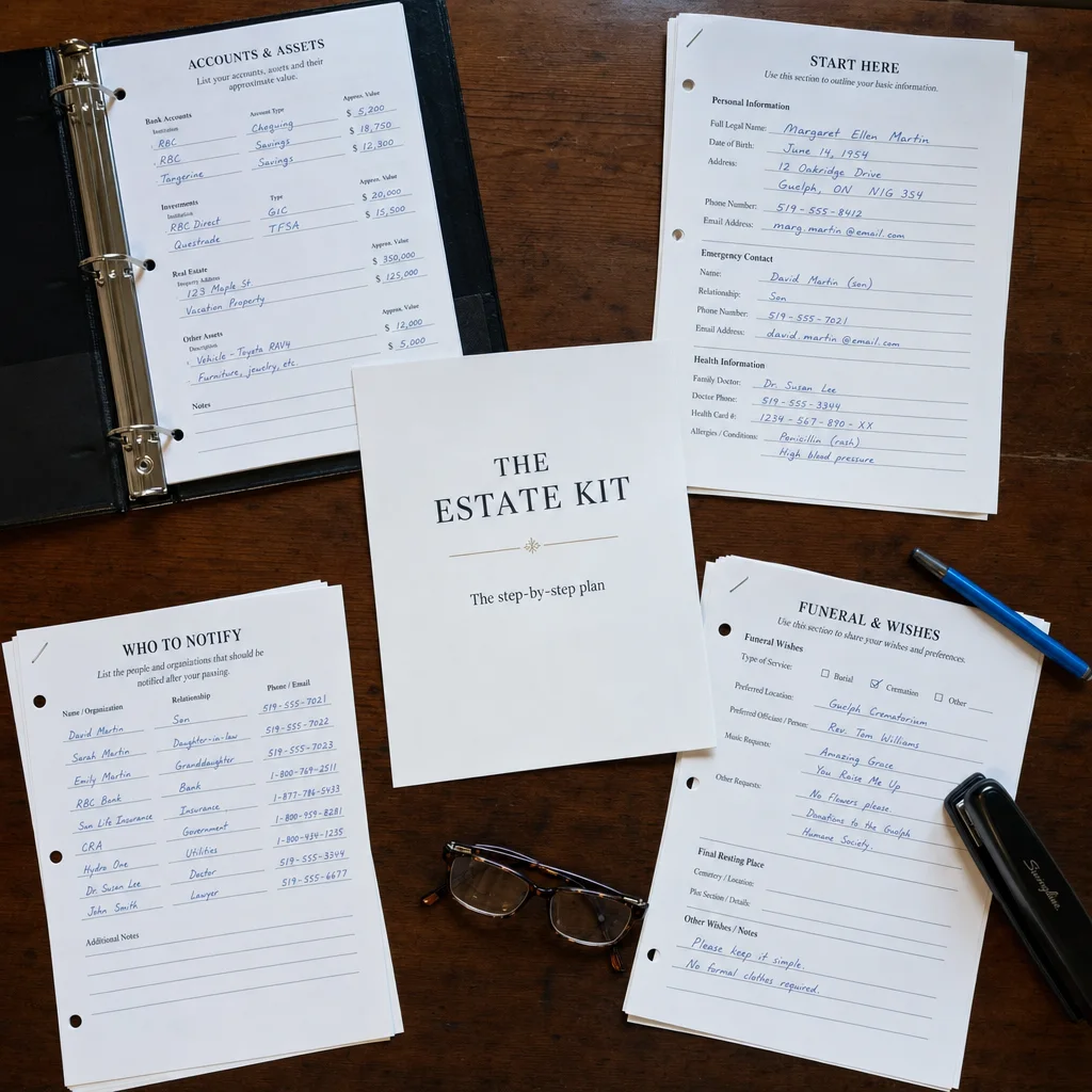 The Handover Kit open in a binder — the plan and the fill-in records